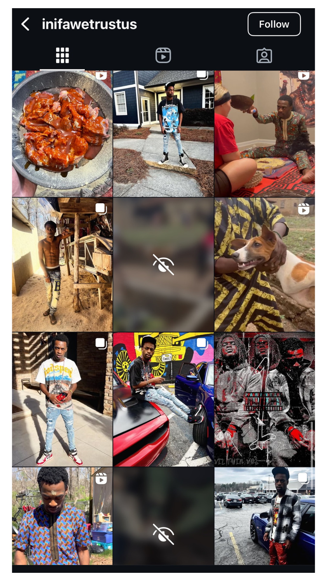Instagram profile grid with photos of young men, a dog, street scenes, a shirtless boy, a person sitting on a car, and a person posing on the sidewalk.