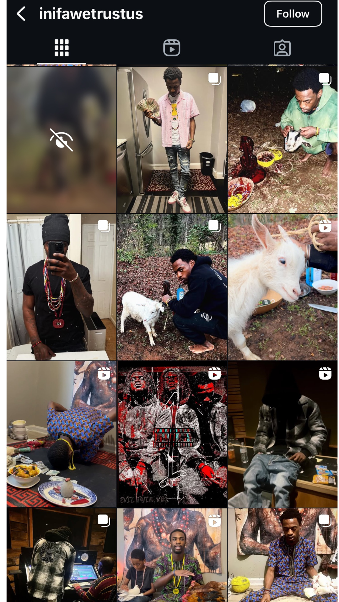 Instagram profile grid showing various photos: a blurred image, a young man with cash, a person outside with goats, a person topless with bead necklaces, a person petting a goat in a forest, a goat, a child more food, a graphic art, a person sitting with a silhouette, a person in a recording studio, a man with children, and a person seated with artwork behind him.