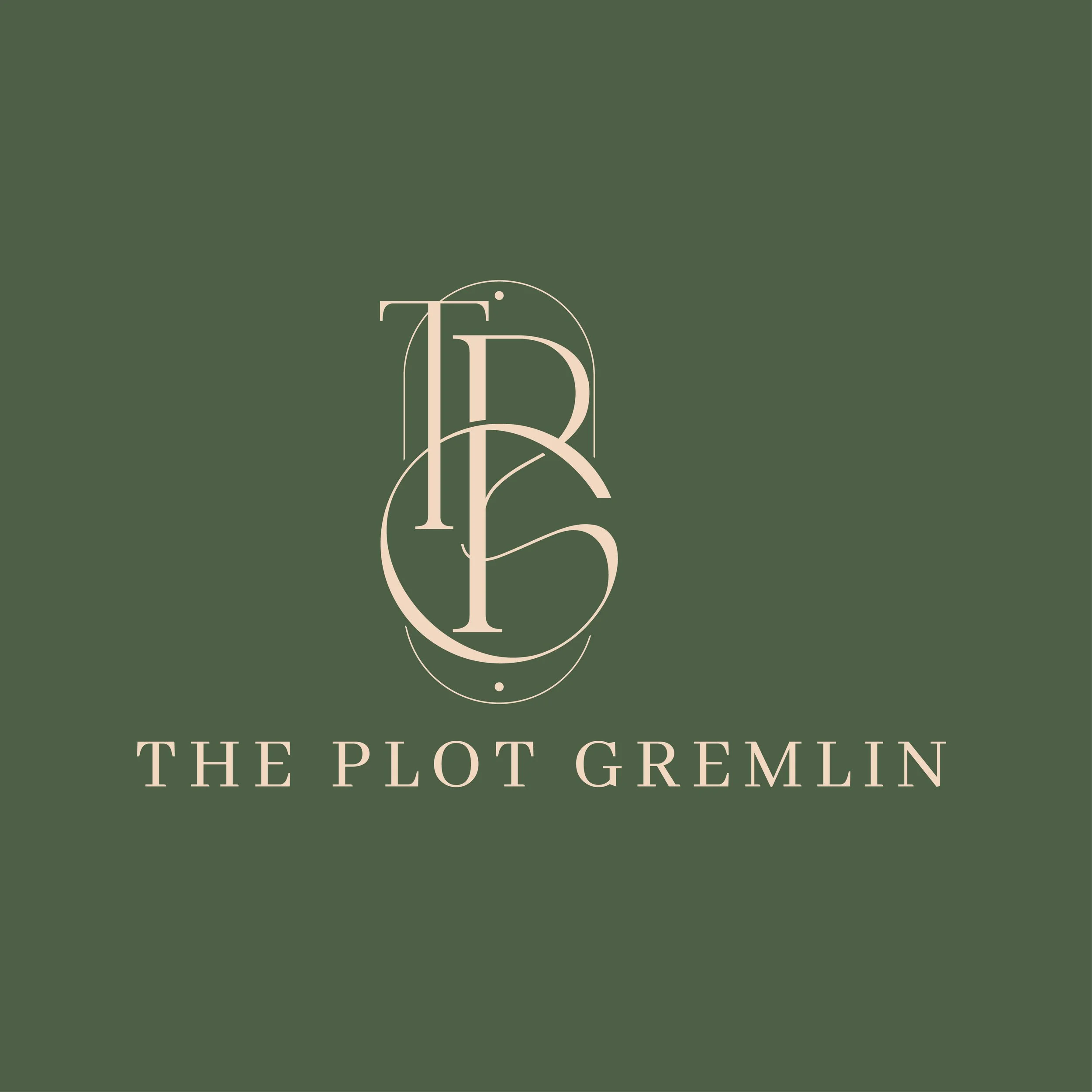 The Plot Gremlin logo featuring stylized interconnected letters 'P' and 'G' in pale beige on a dark green background, with the text 'The Plot Gremlin' below in uppercase.