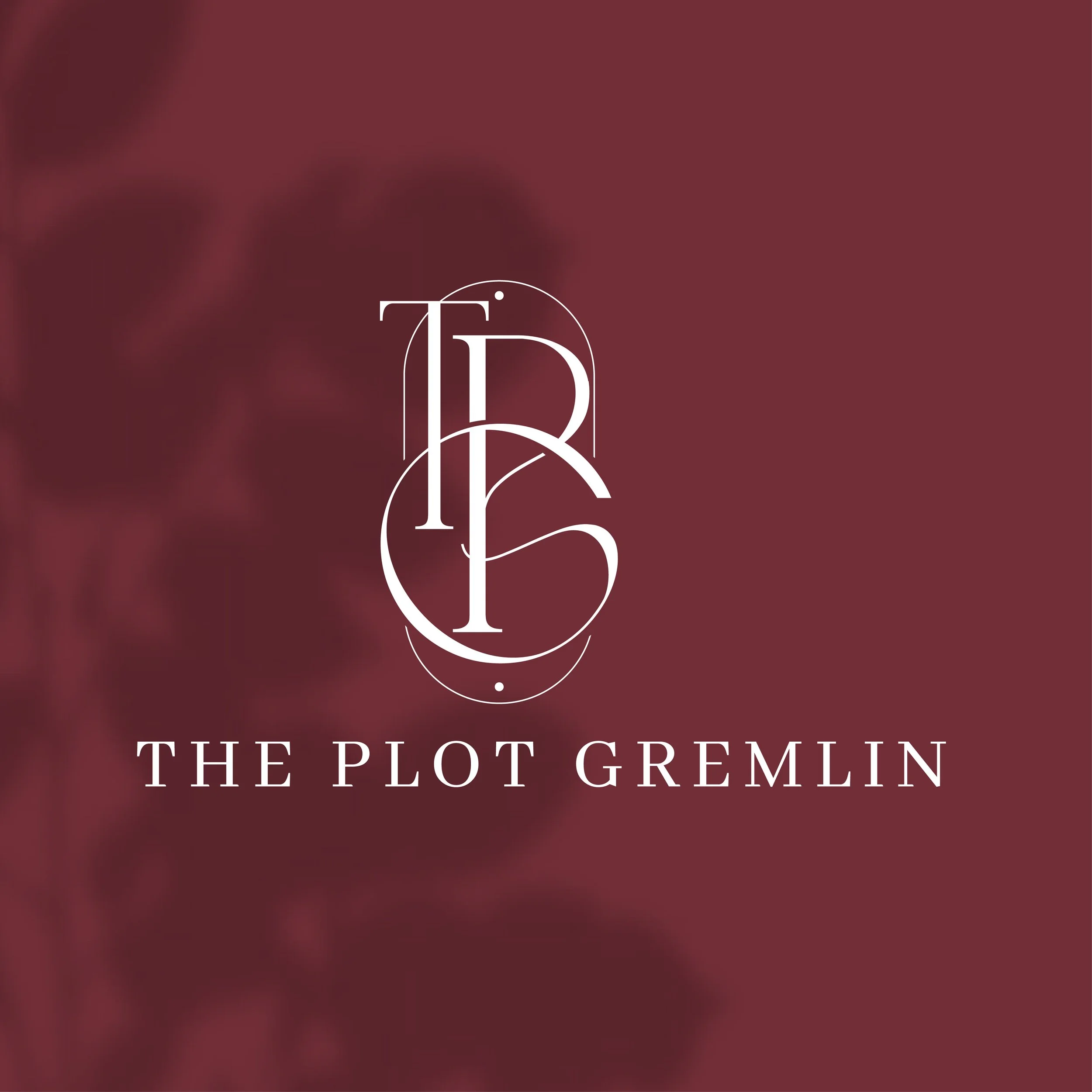 The cover of a book titled 'The Plot Gremlin', featuring a minimalist white letter 'G' encircled on a maroon background.