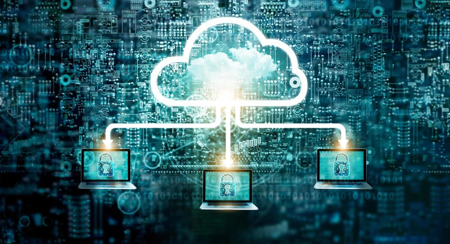 Digital illustration of cloud computing and cybersecurity, showing a large glowing cloud icon connected to three laptops with padlock symbols on their screens, over a background of circuit board patterns and binary code.