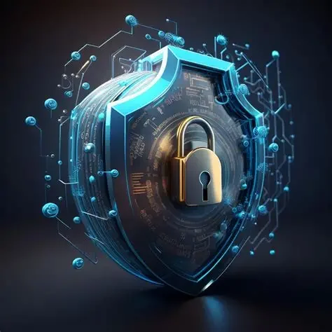 Digital illustration of a security shield with a padlock at the center, surrounded by digital data and technology icons.