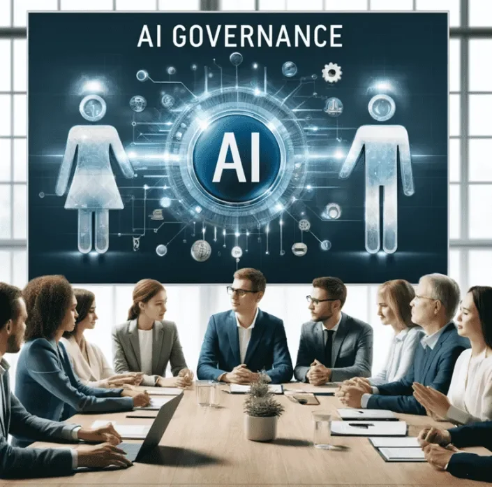 Business meeting in a conference room with a large screen displaying 'AI Governance' and icons representing artificial intelligence concepts.