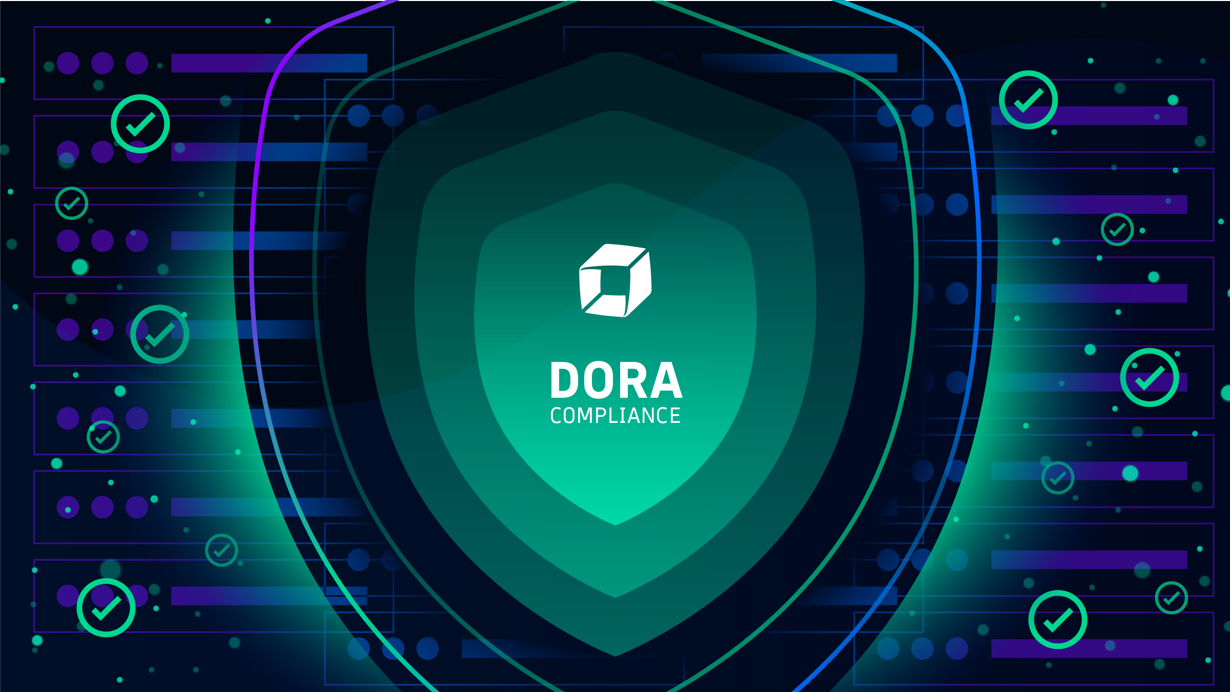 Digital illustration featuring a central shield with the text 'DORA COMPLIANCE', surrounded by checkmarks and abstract lines and dots representing technology and cybersecurity.