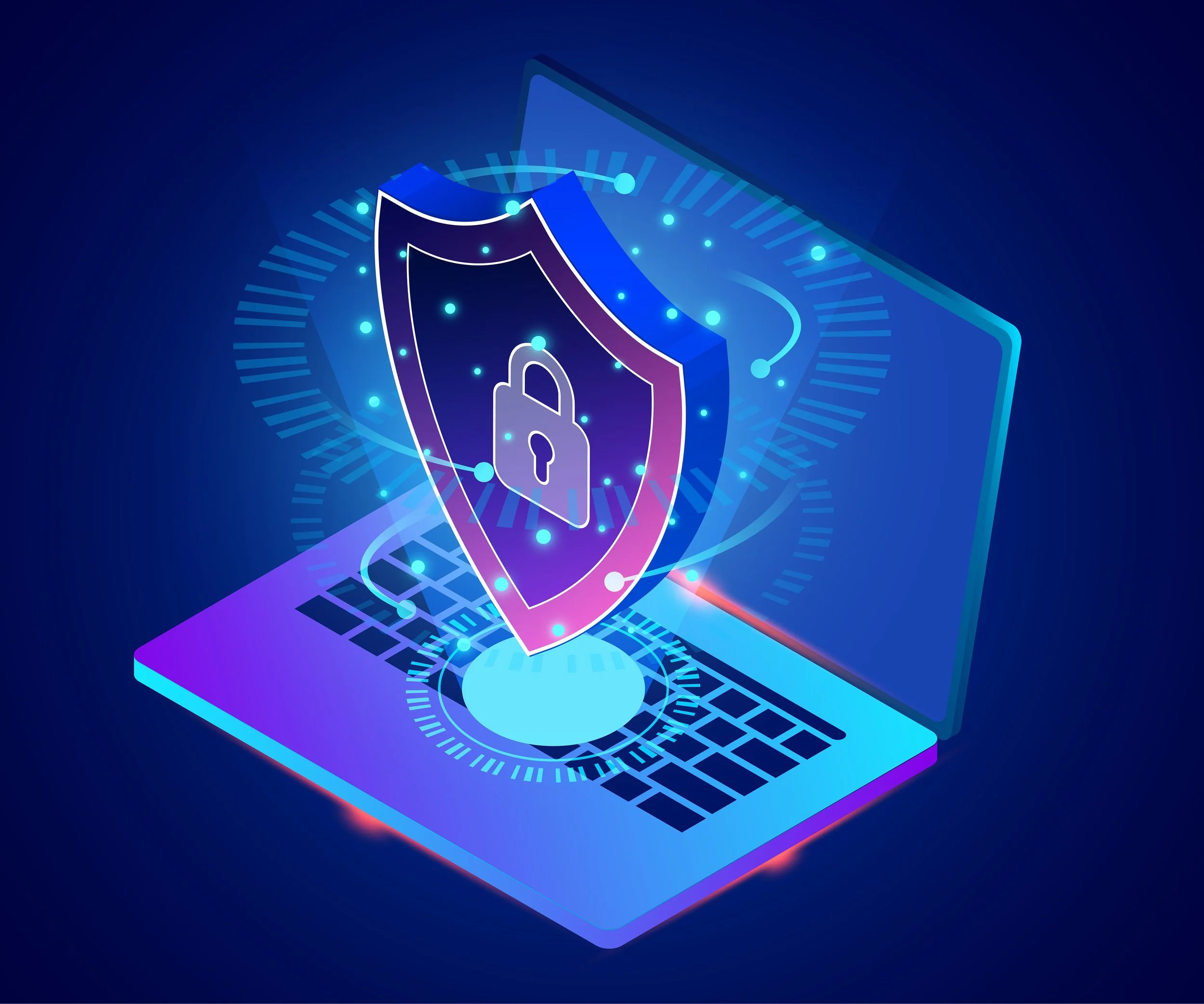 Digital illustration of a laptop with a shield containing a lock symbol, surrounded by glowing data points and digital lines in a futuristic style.
