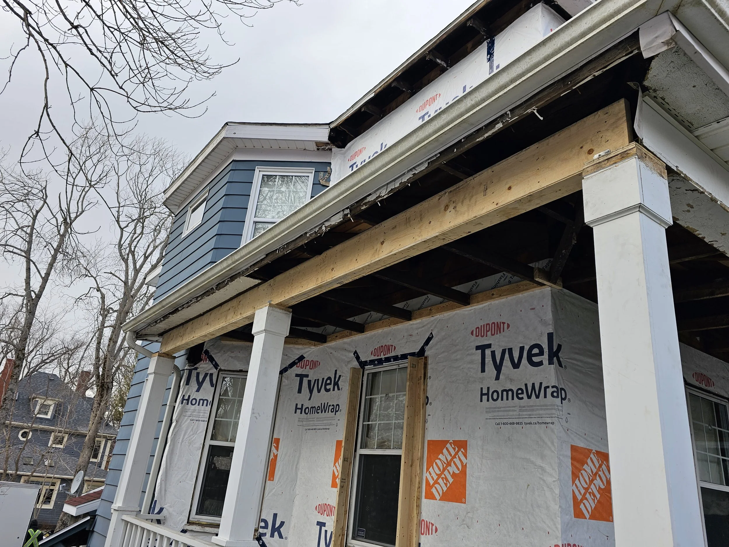 Beam replacement prior to truss repairs and new metal roof.