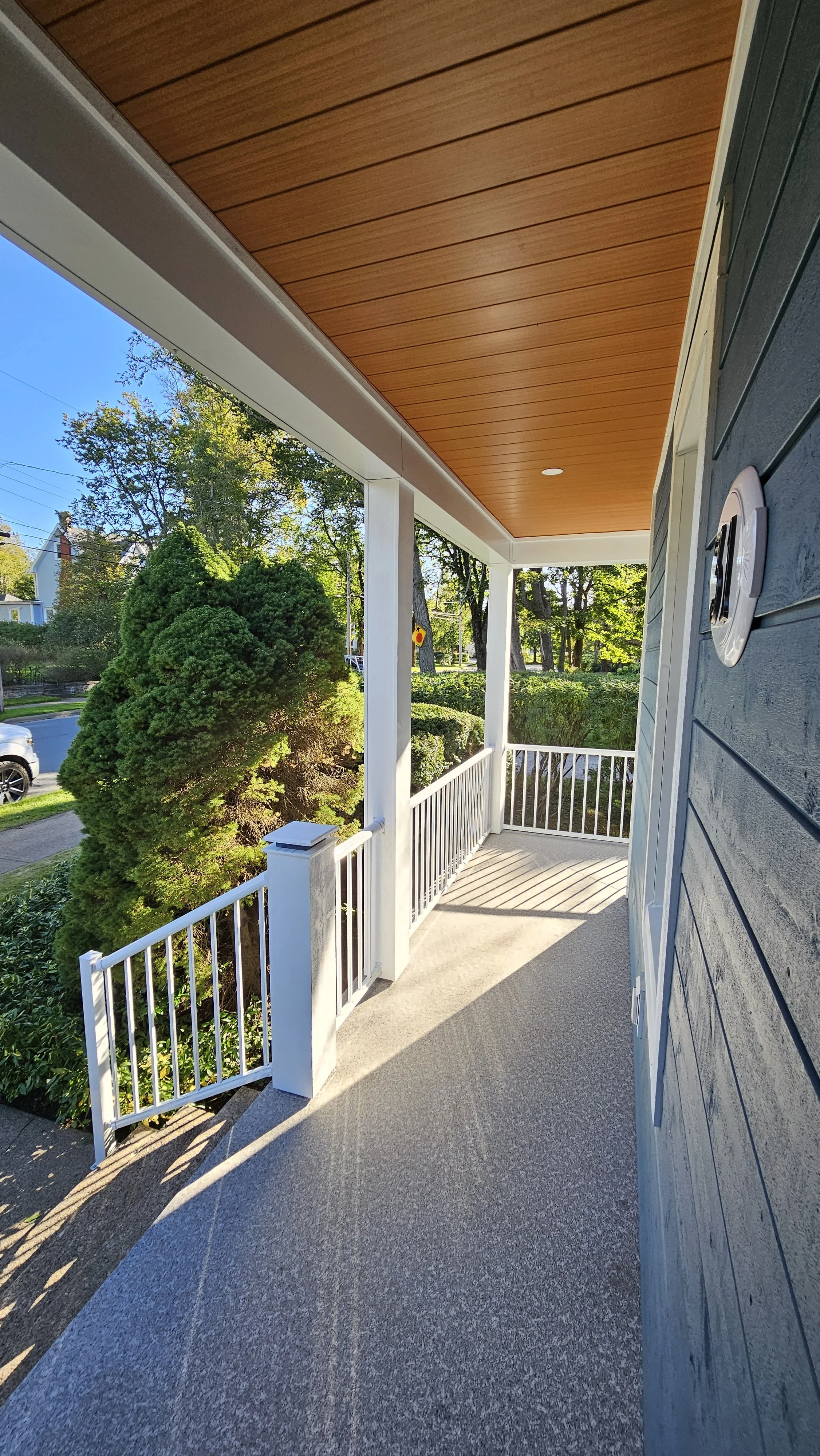 Lux soffit, vinyl decking, steel clad posts and beams as well as powder coated aluminum railings.  