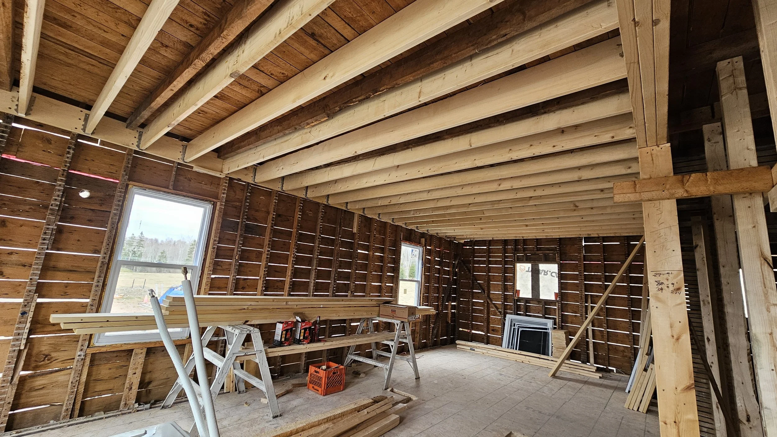 New floor joists installed within balloon framed centennial home prior to cutting loose the existing sagged floor joists.  Up to 4" of sag was removed, giving the homeowner a level floor to work with.