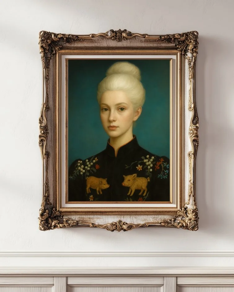 Fine art digital portrait of Duchess Daphne Boardom, an elegant aristocratic woman with a composed, refined presence