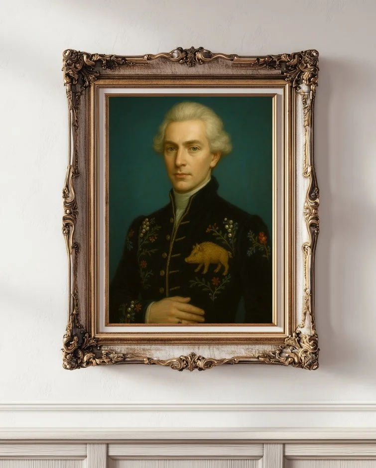 Fine art digital portrait of Duke Cecil Boardom, depicted as a composed aristocratic figure with a dignified, confident presence