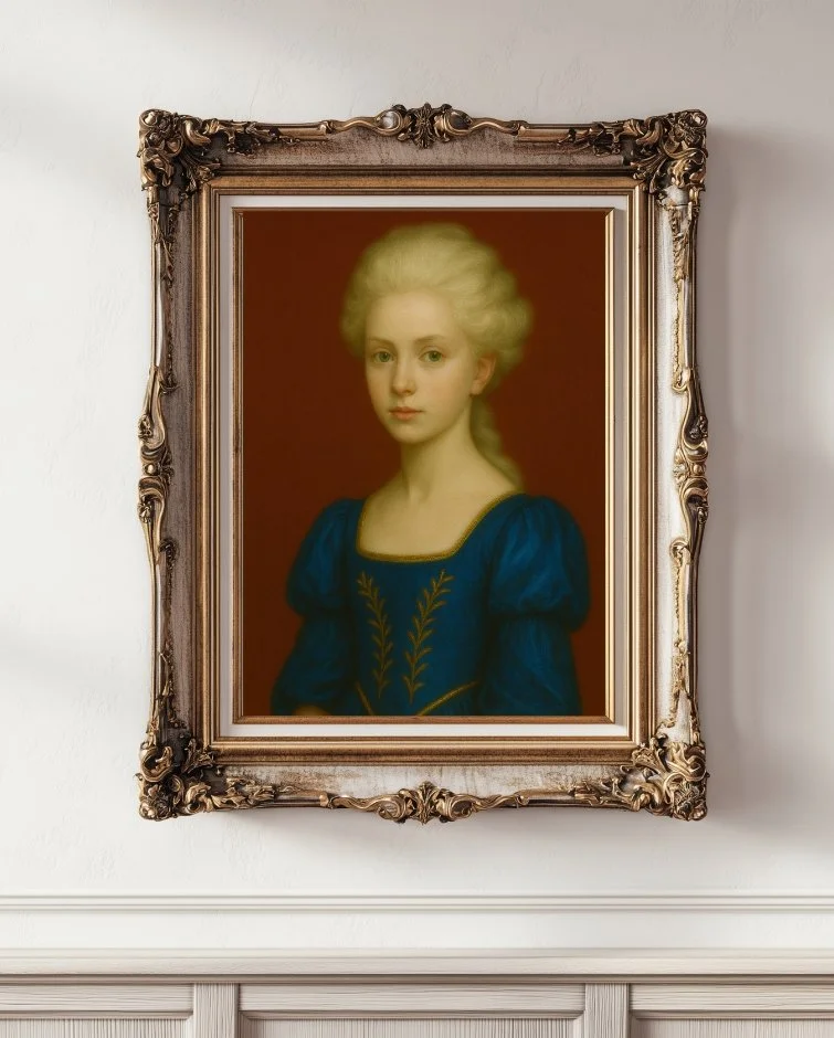 Fine art digital portrait of Lady Lily Boardom, a poised young aristocratic figure with a calm, gentle presence