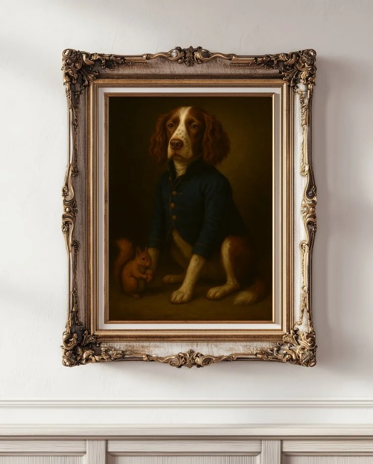 Fine art digital portrait of Beauregard, a dignified dog portrayed with a loyal and steady presence