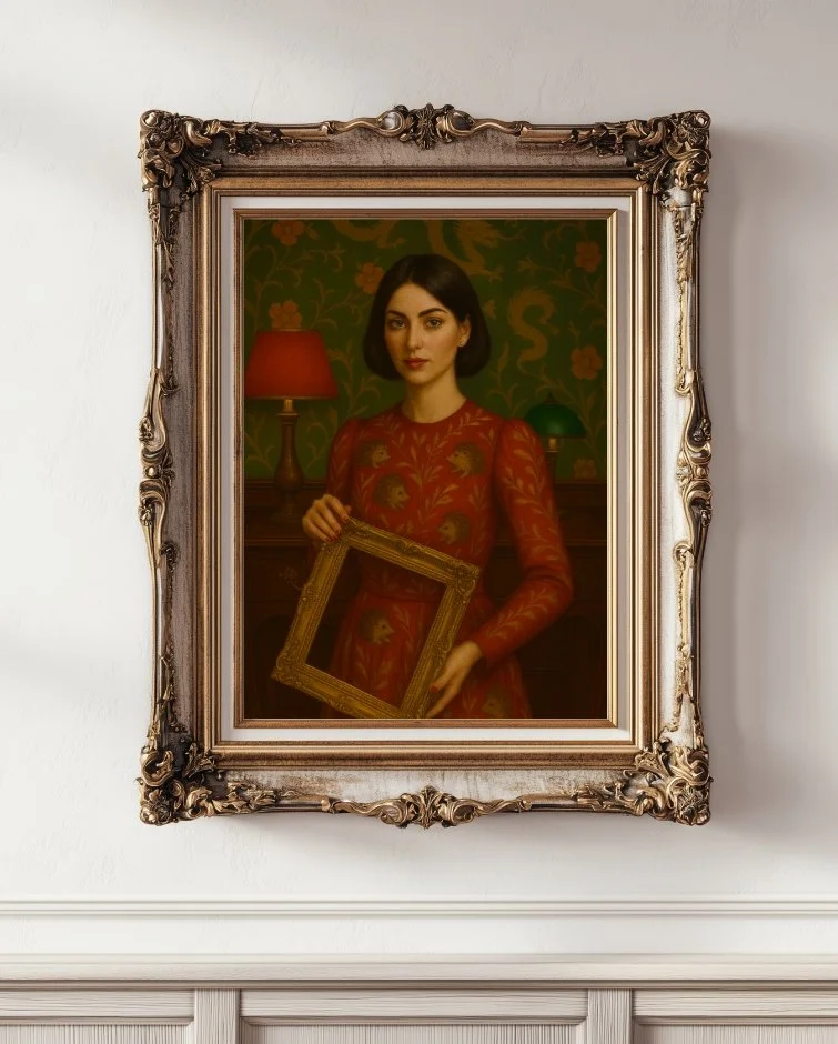 Fine art digital portrait of Olivia in a red dress embroidered with hedgehogs holding a gold frame