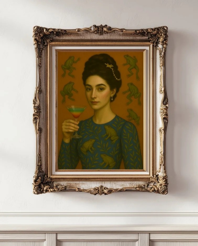 Fine art digital portrait of Henrietta in a teal dress with green frogs, holding a colourful martini