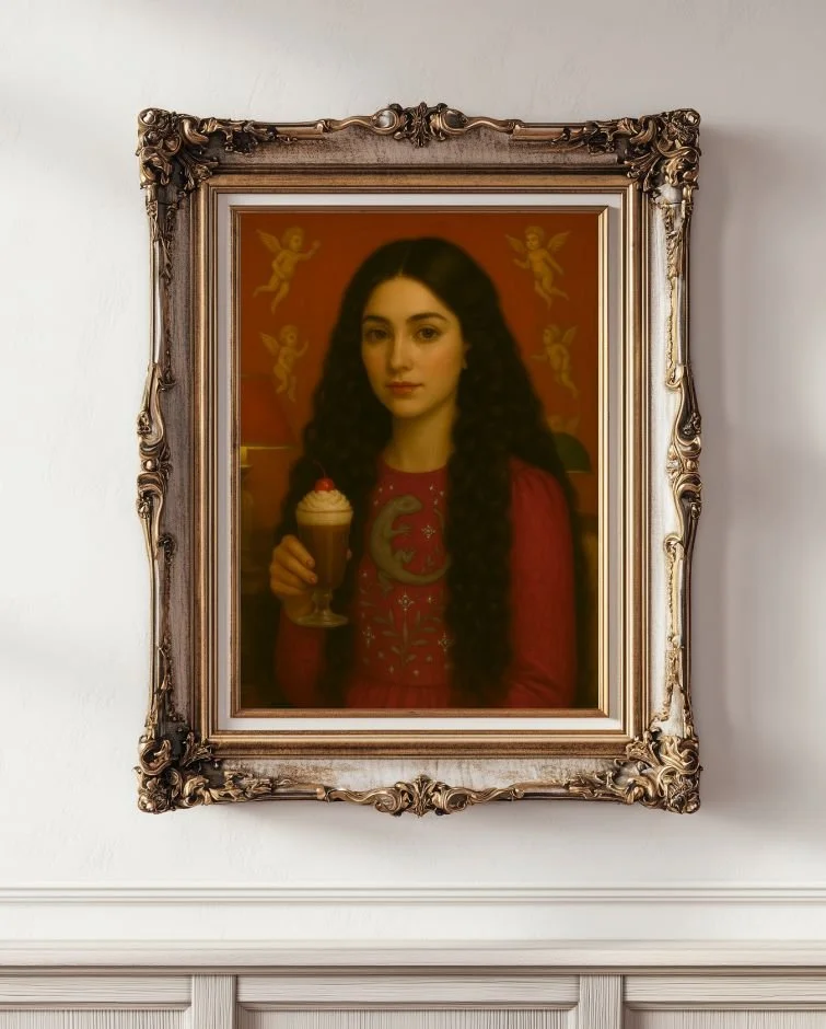 Painting of a young woman with long dark curly hair holding an Irish coffee with whipped cream and a cherry, framed with an ornate antique golden frame, on a wall with a white background.