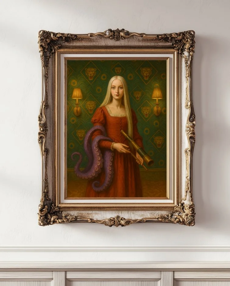 A portrait of a woman with long blonde hair wearing a red dress, holding a telescope, with a purple octopus draped over her arm, displayed in an ornate gold frame on a gallery wall.