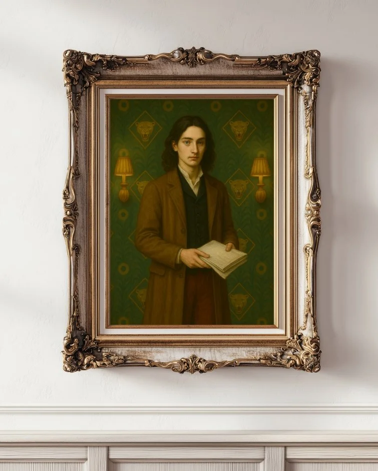 Surreal portrait painting of a young man in a brown coat holding an open book, set in an ornate gold frame.