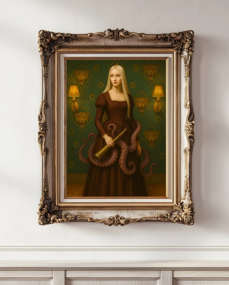 Surreal portrait painting of a woman in a dark dress holding a telescope, with octopus tentacles wrapped around her waist, set in an ornate gold frame.