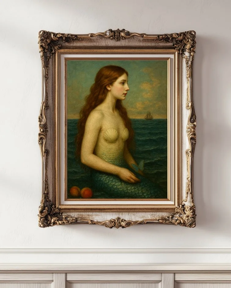 Surreal portrait painting of a mermaid with long red hair emerging from the sea, set in an ornate gold frame.