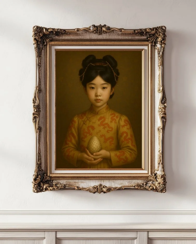 Fine art digital portrait of delia, a young asian girl in a gold dress with red dragons, holding a gold dragon egg