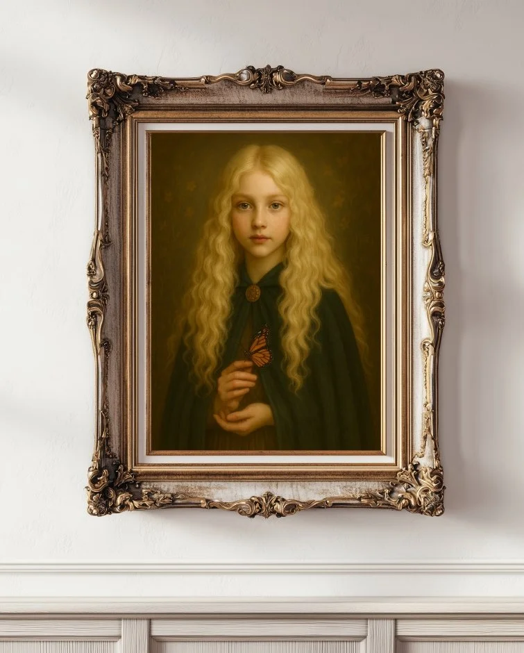 Fine art digital portrait of Ella, in a black cape, holding a monarch butterfly