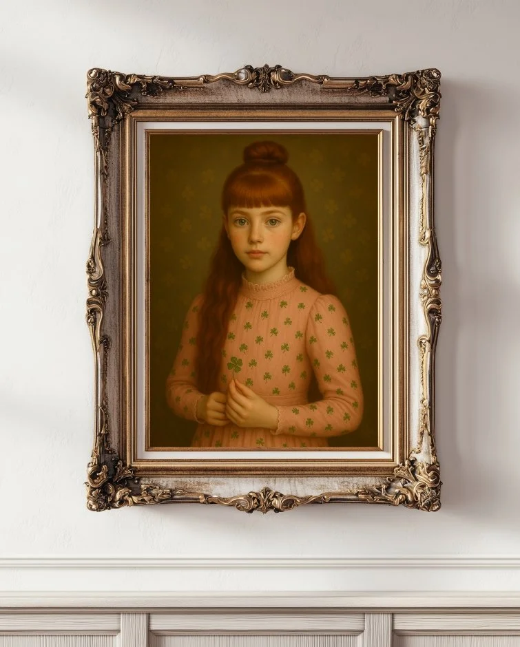 Fine art digital portrait of Briede in a pink dress with green clovers, holding a clover painted style