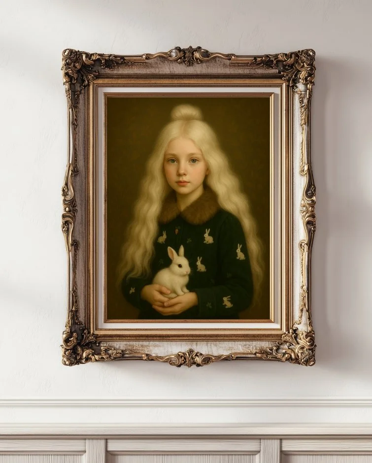 Fine art digital portrait of Vera holding a white bunny, poised digital portrait