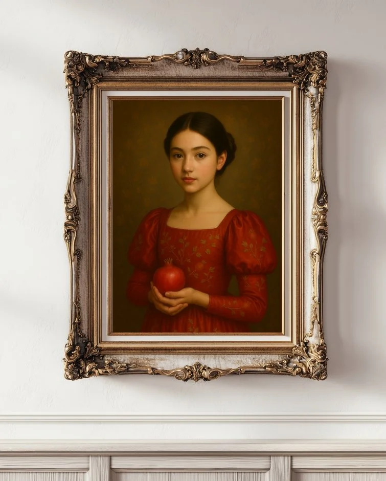 Fine art digital portrait of Isabella, a serene figure of a girl in a red dress, holding a pomegranate