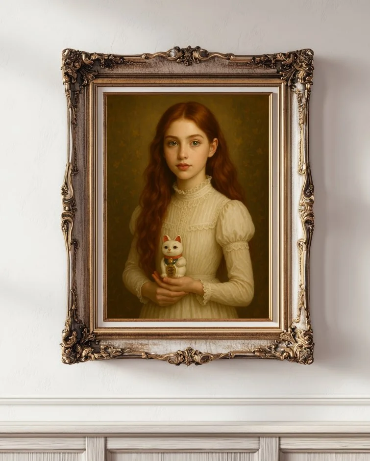 Fine art digital portrait of Freya, a young girl with poise and intelligence, in a white victorian dress, holding a Maneki Neko