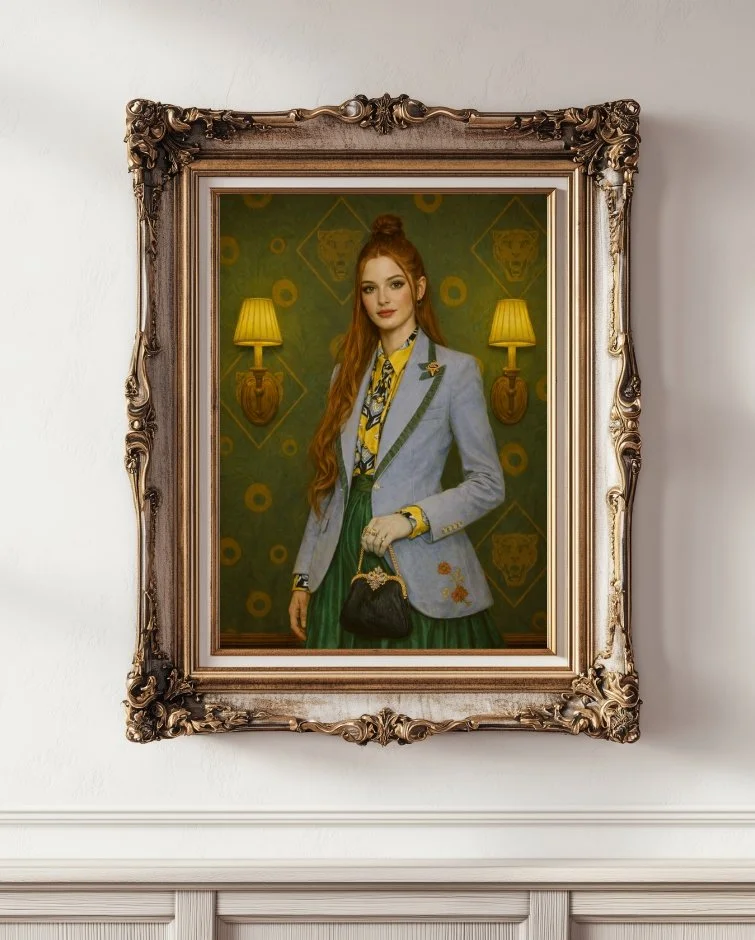 A red haired woman in a blue suit coat, yellow silk blouse and a green skirt in from of green wallpaper
