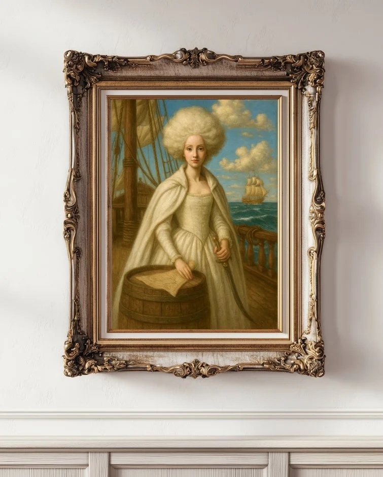 A white haired woman in regency times, wearing a white cloak on an old ship with the ocean behind her