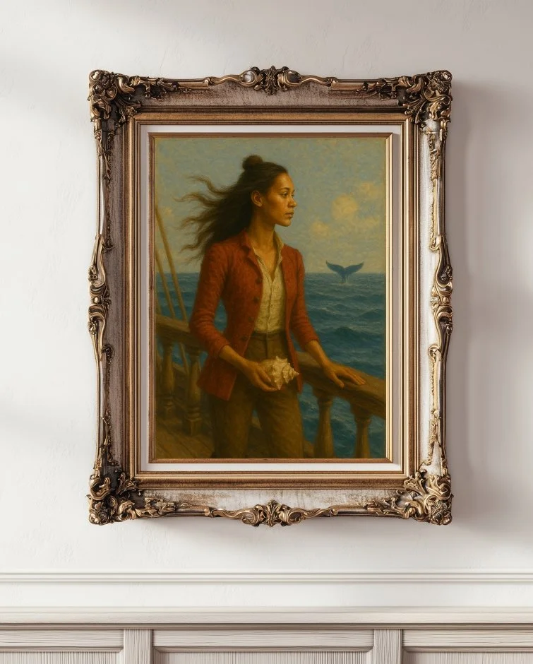 A woman in a red coat and brown pants, holding a conch shell, on an old ship, looking out to sea