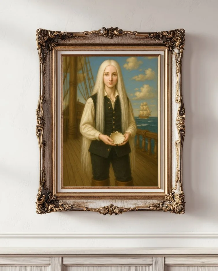 White haired woman in a black vest and white blouse on an old ship, holding a sea shell with an ocean scene behind her