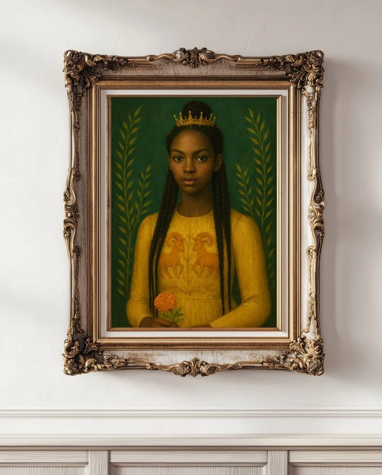 Marigold a young black girl with a gold crown, wearing a yellow dress with Aries Motifs in a gold frame