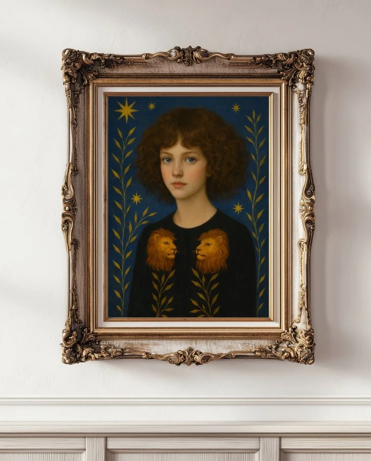Harriet a young girl with brown curly short hair wearing a black dress with Leo Motifs on a blue background