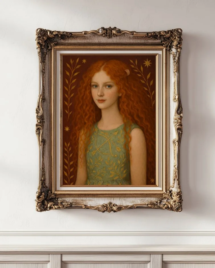 Greta, a girl with long red curly hair wearing a green dress with Sagittarius motifs on a burgundy background