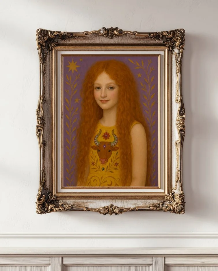 Zoe a girl with long copper curly hair wearing a yellow dress with a Taurus motif on a purple background in a gold frame