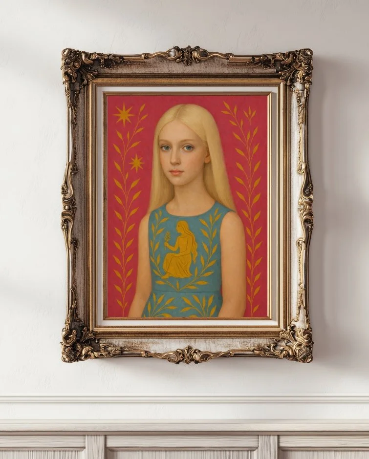 Masha a blond girl with a blue dress with a Virgo motif on a pink background in a gold frame