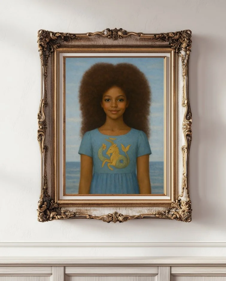 Rena, a black girl with a long afro, wearing a blue dress with a capricorn motif and an ocean background in a gold frame