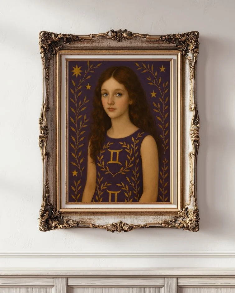 Nova, a girl with long brown hair, soulful eyes, wearing a purple dress with Gemini motifs, on a purple background in a gold frame