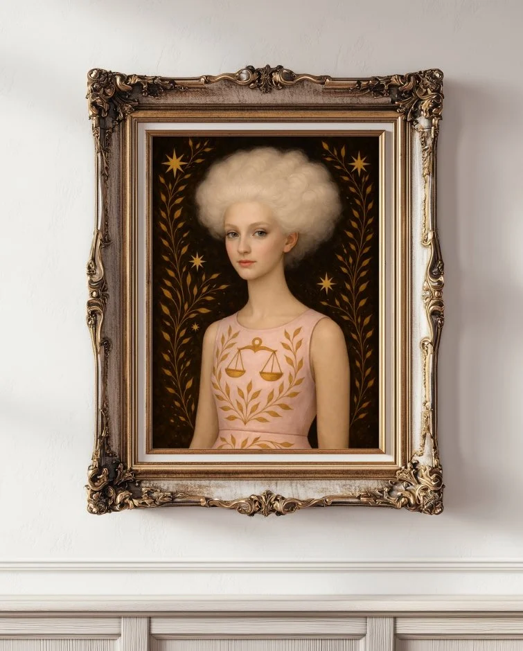 Theo, a girl with curly short white hair, wearing a pink dress with Libra motif, on a black background in a gold frame