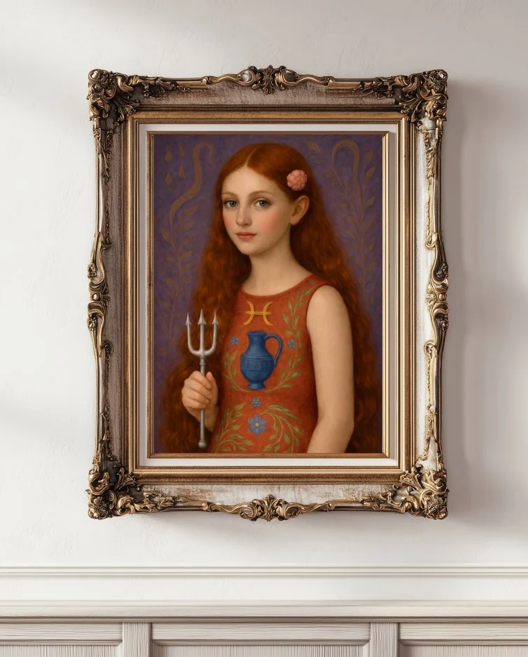 Anya, a copper haired girl holding a trident, wearing an orange dress with a blue Aquarius motif, on a purple background, in a gold frame