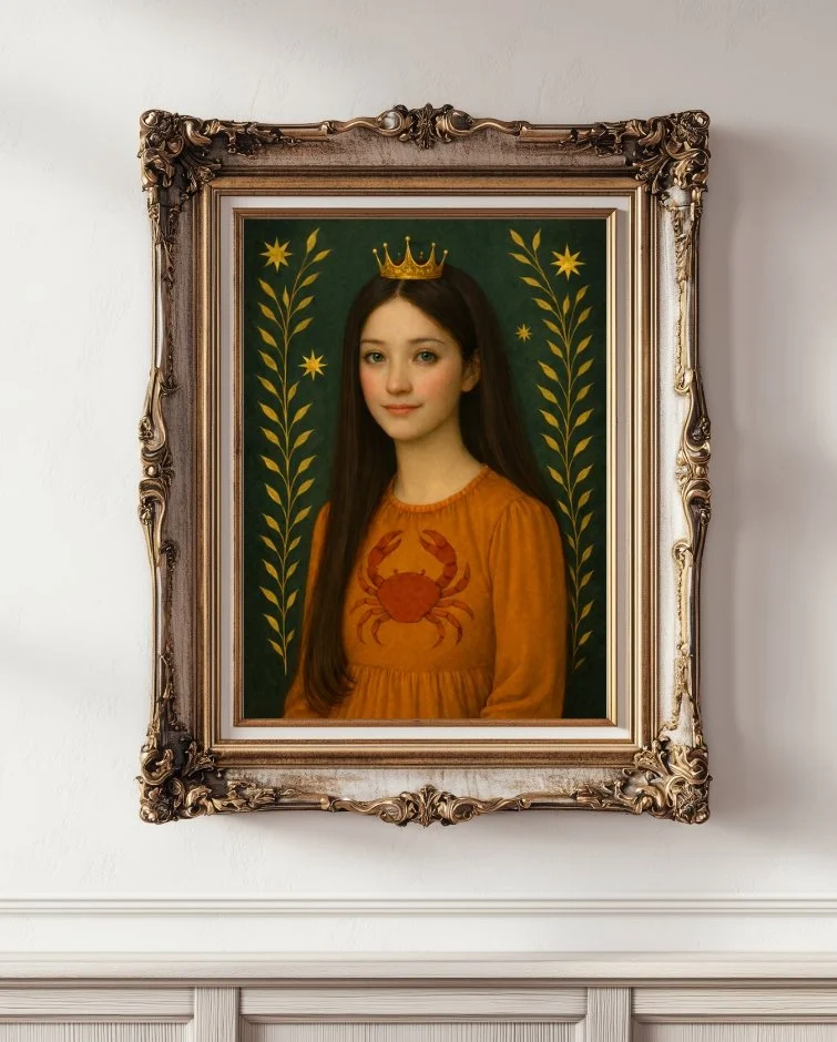 Diana, an asian girl with long black hair, wearing an orange dress with a red cancer motif on a green background in a gold frame