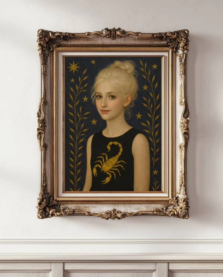 Seraphine, a girl with blonde hair in a top knot, wearing a black dress with a gold scorpio motif in a gold frame