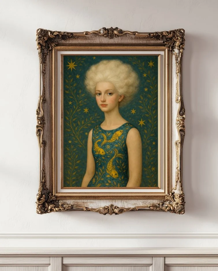 Rowan, a girl with curly short white hair in a teal dress with gold Pisces motifs, against a teal background in a gold frame