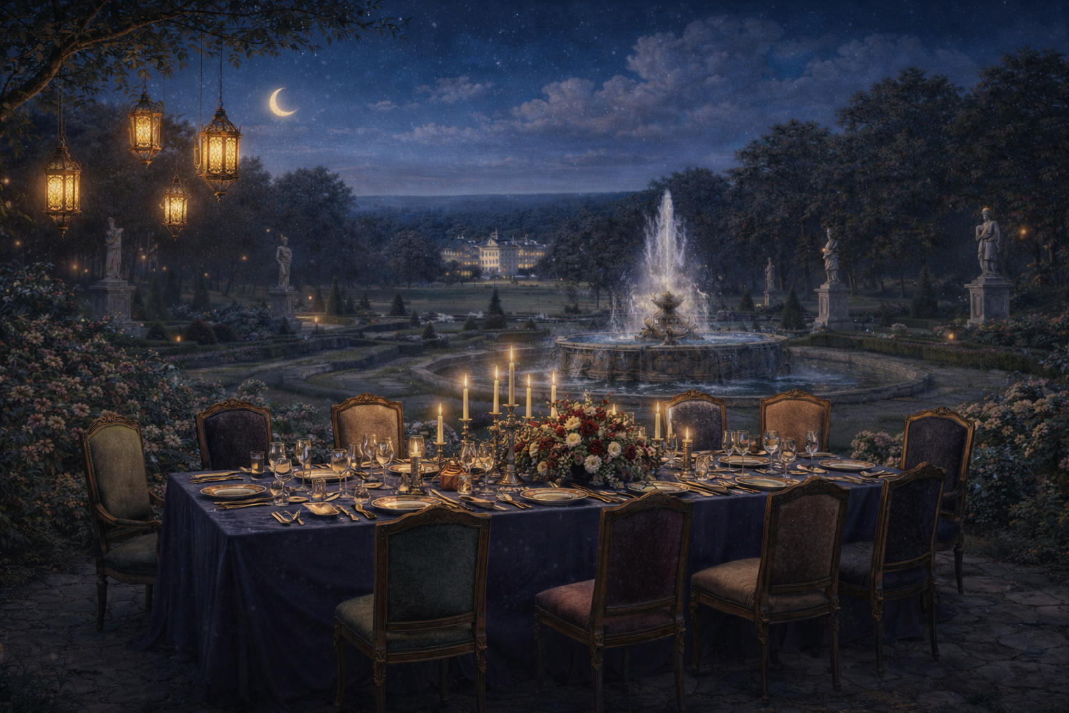 An elegant outdoor dinner setup with a long table covered in a dark cloth, set with plates, glasses, and silverware. The table is decorated with a floral centerpiece and tall candles. In the background, a grand fountain with water spraying upwards is illuminated by moonlight. The scene is surrounded by trees, statues, and hanging lanterns, under a starry night sky with a crescent moon.