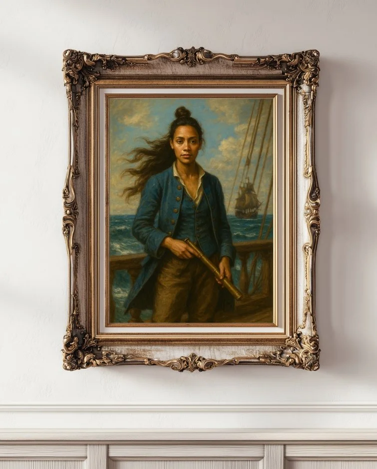 A refined ship crew member wearing a blue coat and vest, brown pants and holding a telescope, on an old ship out in the ocean