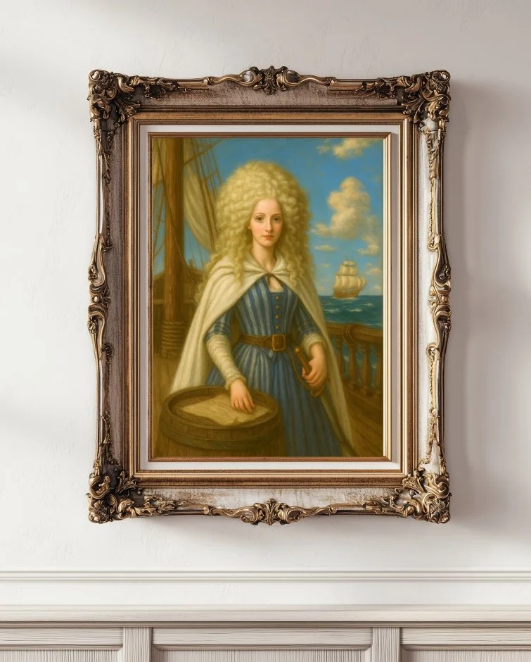 A curly blonde haired woman in regency white cape and blue dress, holding a sword, on an old ship with the ocean behind her