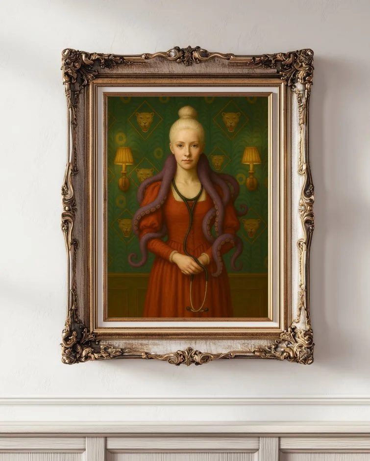 Surreal portrait painting of a woman in a red dress holding a stethoscope, with purple octopus tentacles draped over her shoulders, set in an ornate gold frame.