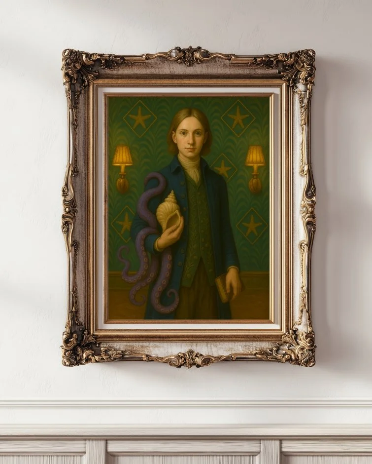 Surreal portrait painting of a young man in a blue coat holding a seashell, with purple octopus tentacles wrapped around his arm, set in an ornate gold frame.
